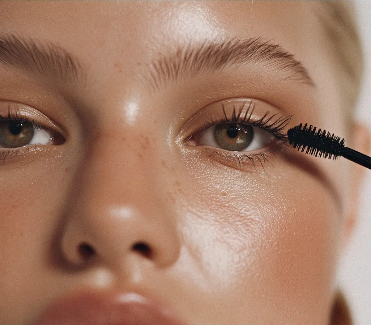 Close-up of a person applying mascara to their eyelashes with a brush.