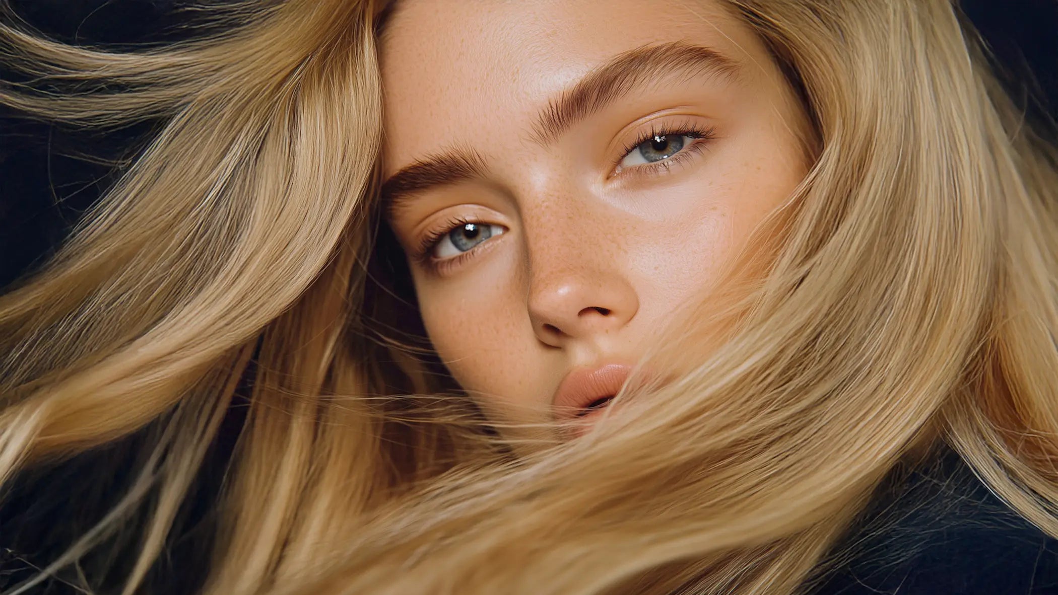 Close-up of a woman with long blonde hair and blue eyes against a dark background